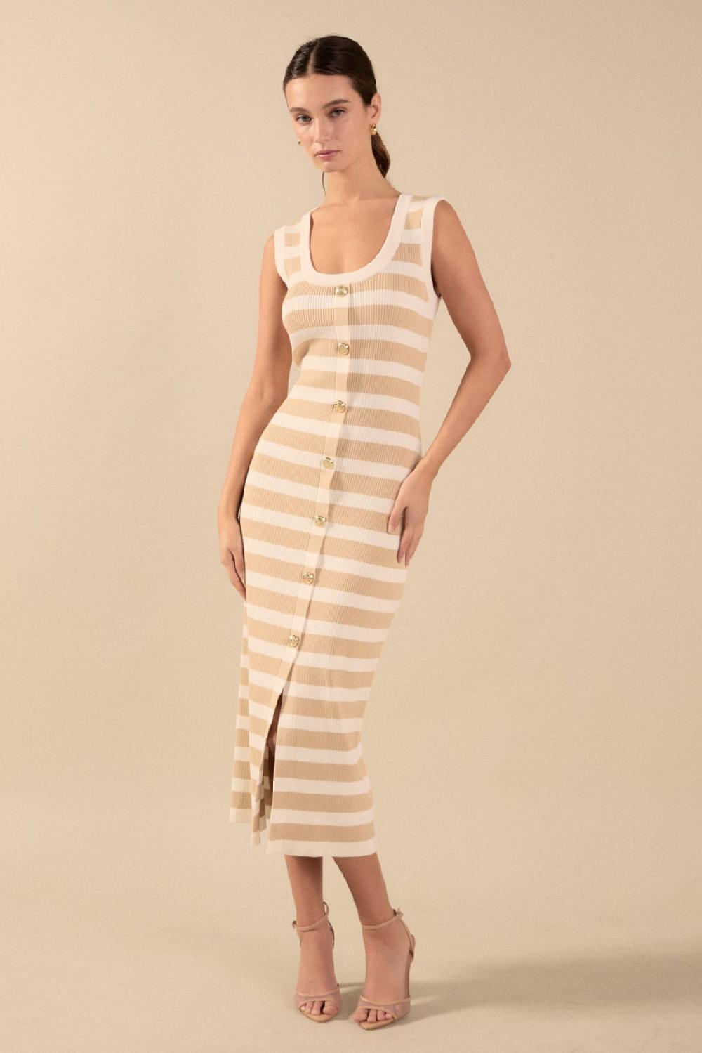 endless rose Striped Midi Dress SAND/IVORY