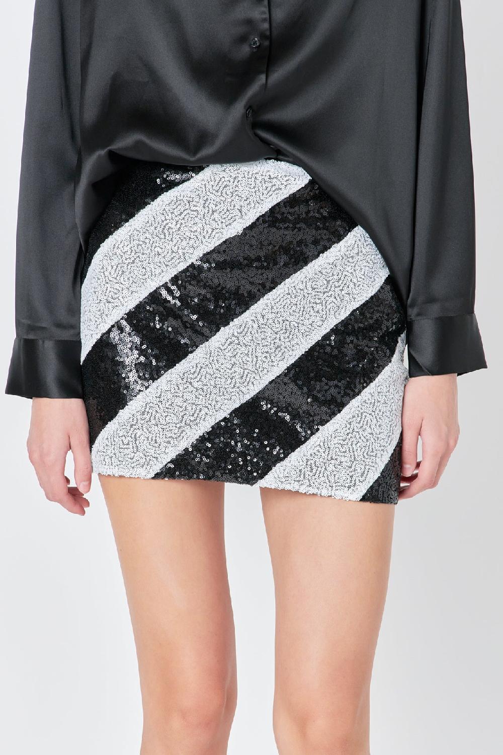 Endless Rose Striped Sequins Skirt BLACK WHITE
