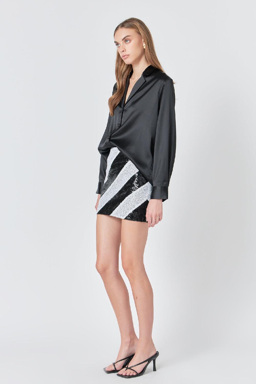 Endless Rose Striped Sequins Skirt BLACK WHITE