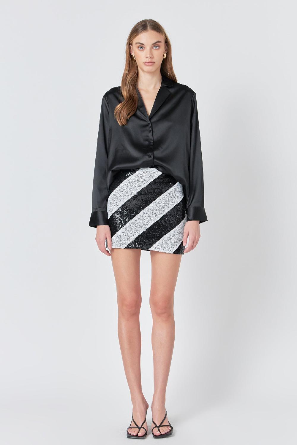 endless rose Striped Sequins Skirt BLACK WHITE