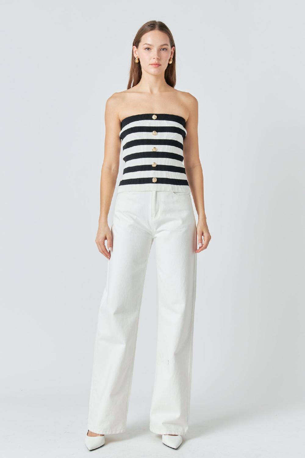 endless rose Striped Strapless Top WHITE/BLACK