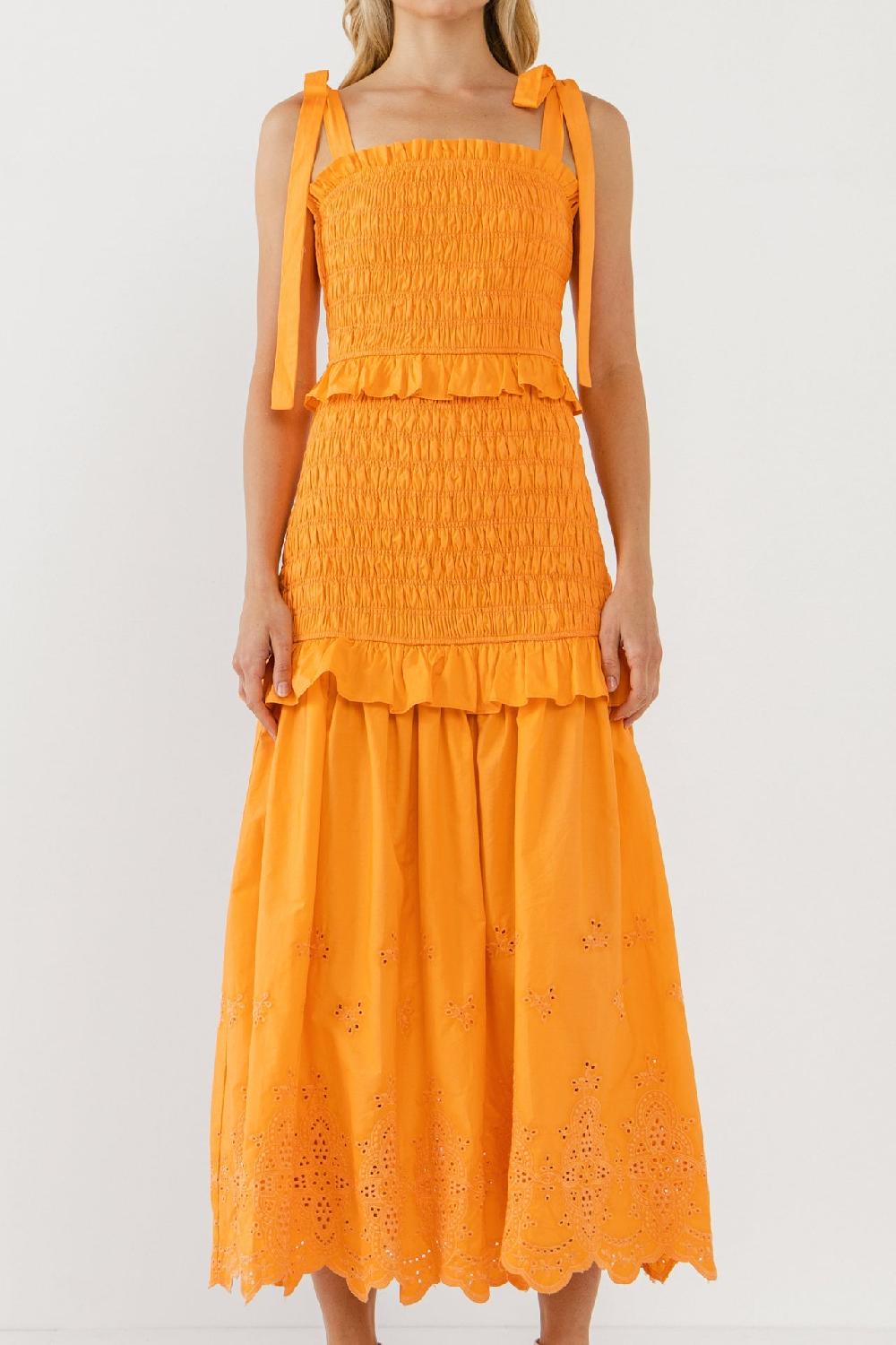 Endless Rose Sunset Eyelet Smocked Maxi ORANGE