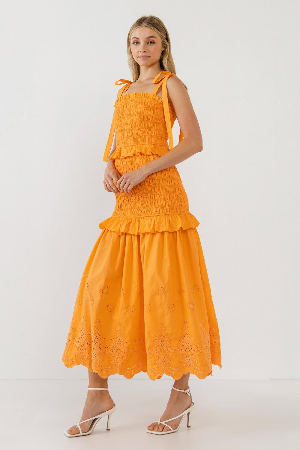 Endless Rose Sunset Eyelet Smocked Maxi ORANGE