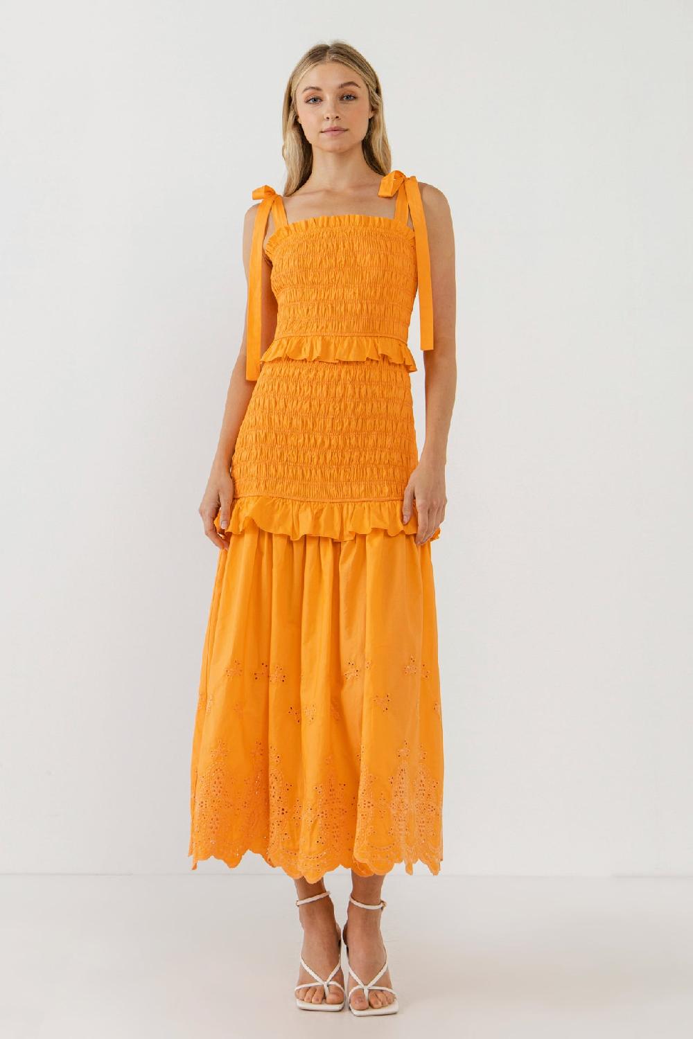 Endless Rose Sunset Eyelet Smocked Maxi ORANGE