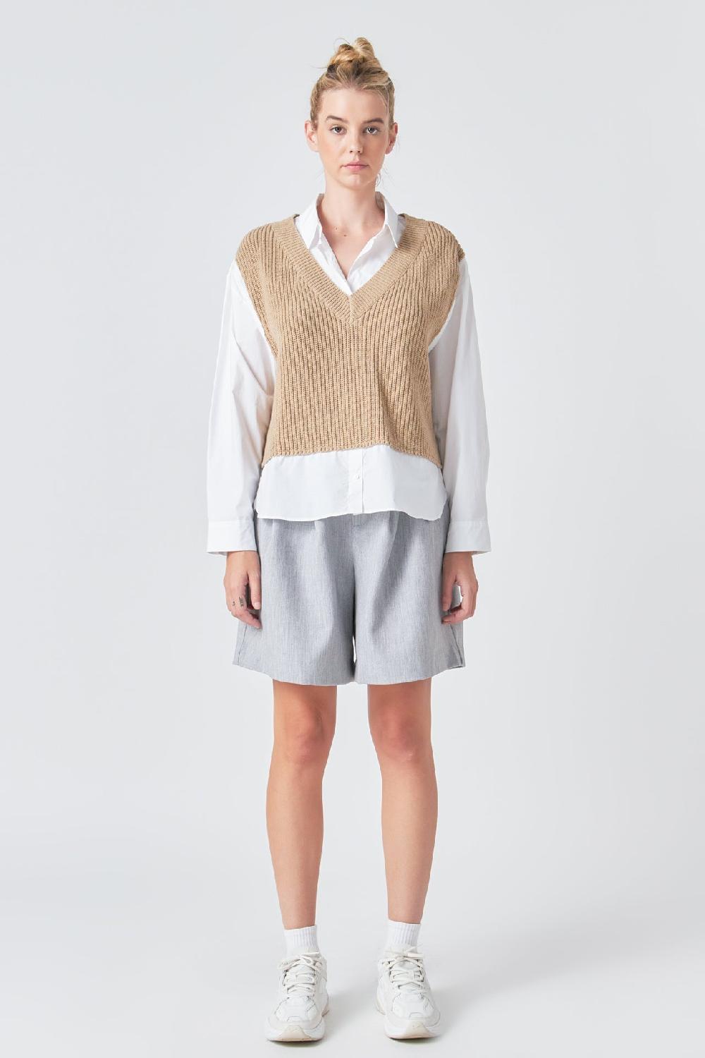 Endless Rose Sweater Over Shirt TAN/WHITE