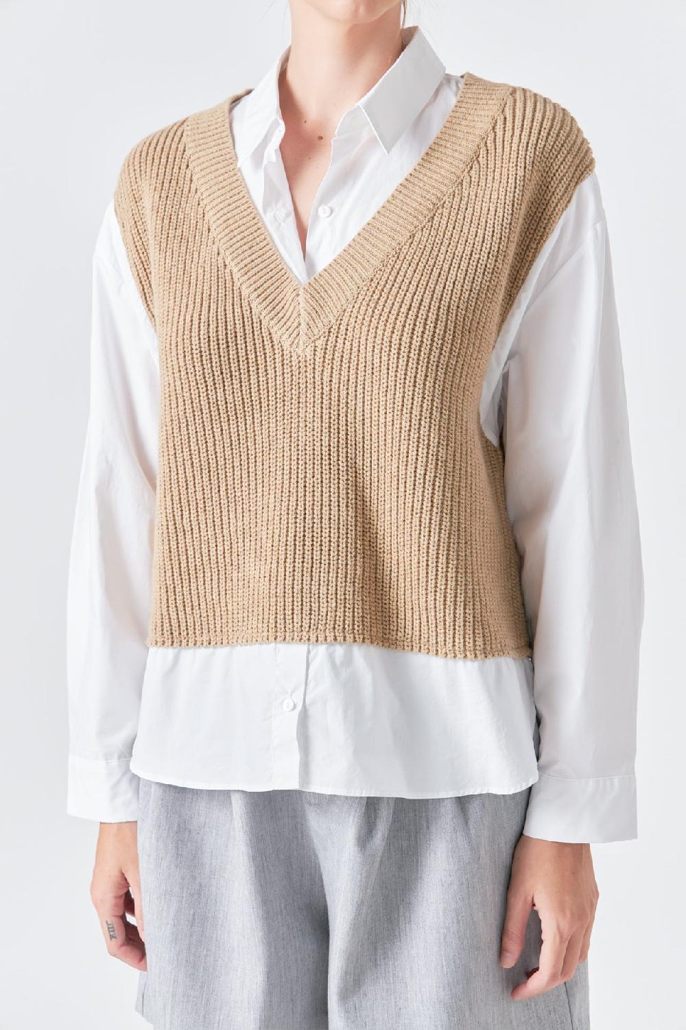 Endless Rose Sweater Over Shirt TAN/WHITE