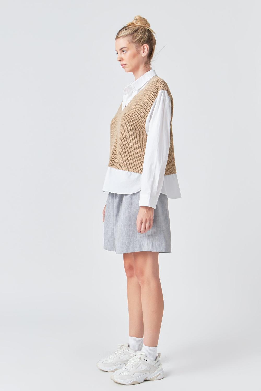 Endless Rose Sweater Over Shirt TAN/WHITE
