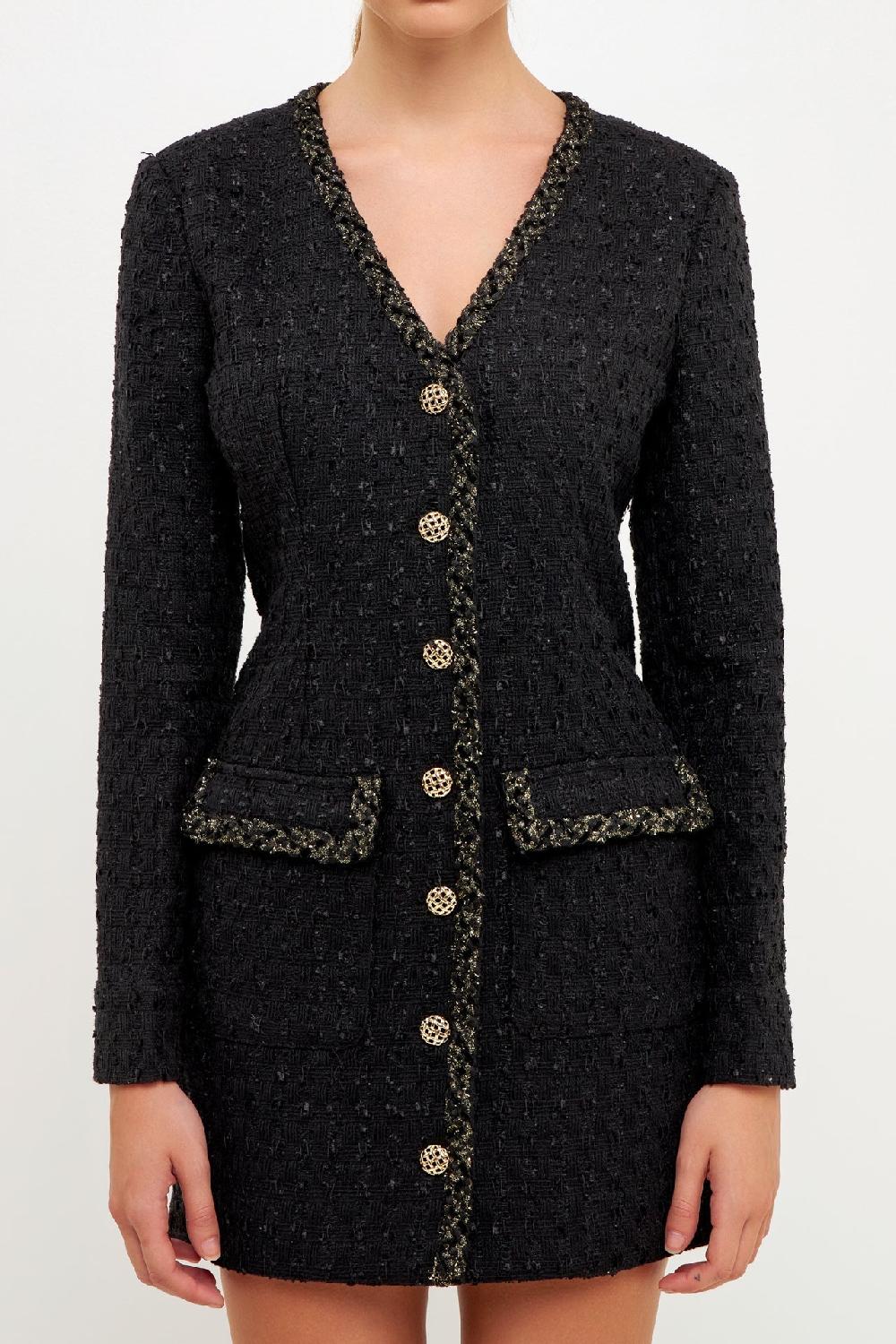 Endless Rose Test Trim Detail Tweed Dress BLACK