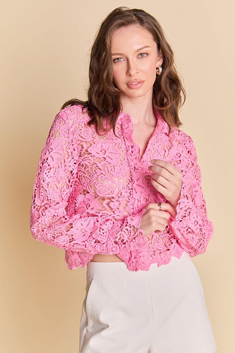 endless rose Textured Sheer Long sleeve Top PINK