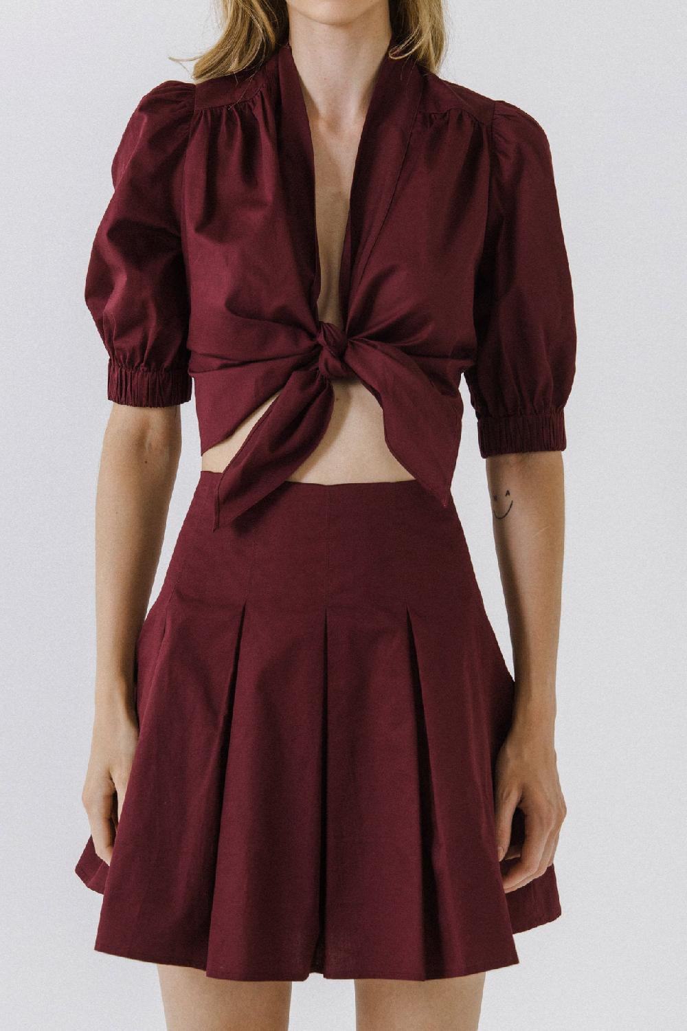 Endless Rose Tied Front Cropped Top BURGUNDY