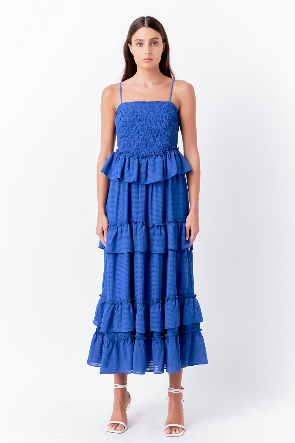 endless rose Tiered Gingham Maxi Dress COBALT BLUE