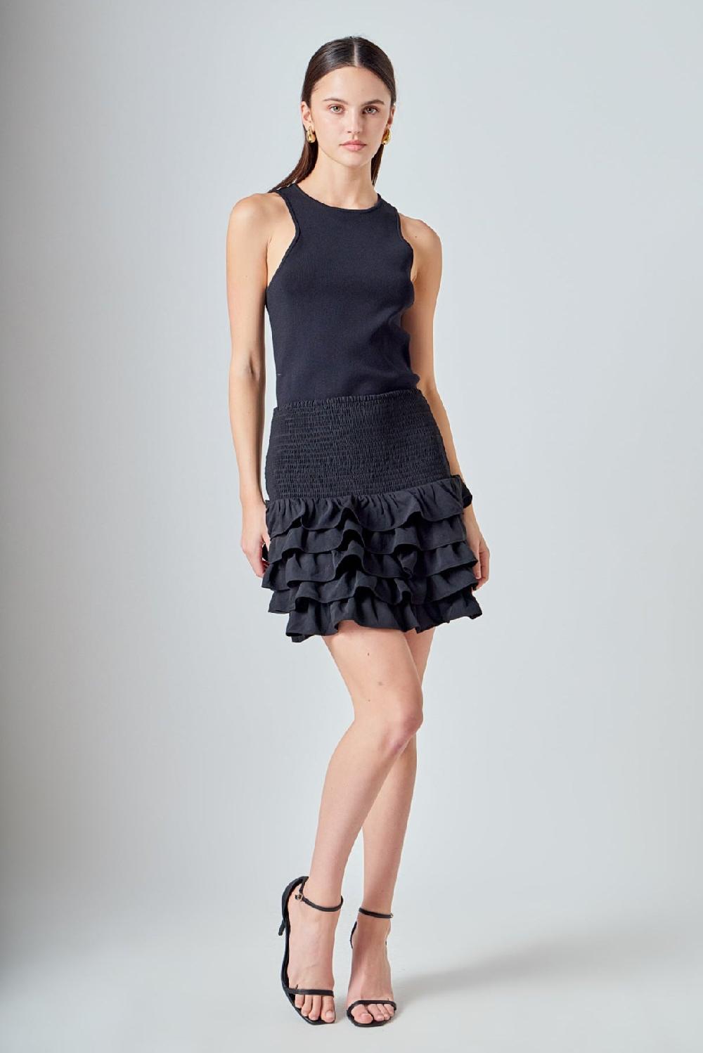 endless rose Tiered Ruffle Mini Skirt JET BLACK