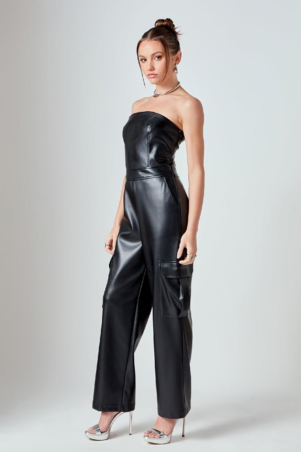 Endless Rose Tube Top Cargo Jumpsuit BLACK