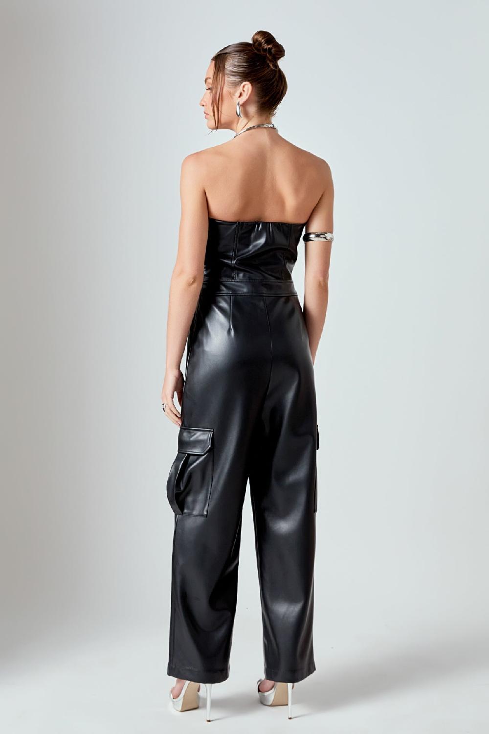 Endless Rose Tube Top Cargo Jumpsuit BLACK
