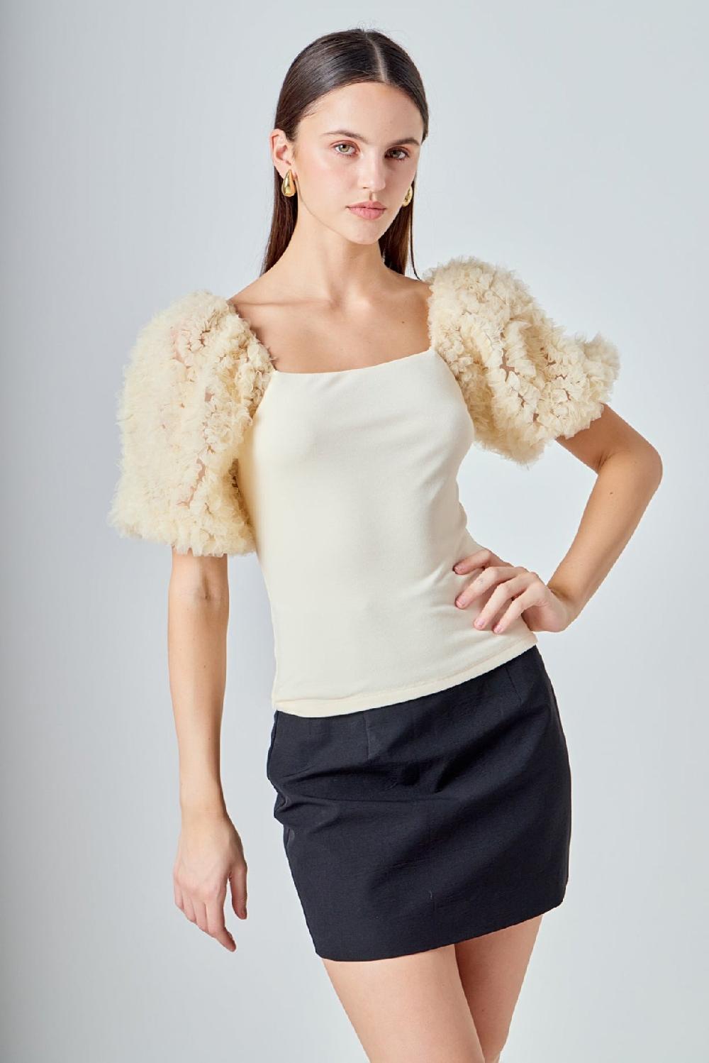 Endless Rose Tulle Puff Sleeve Top IVORY