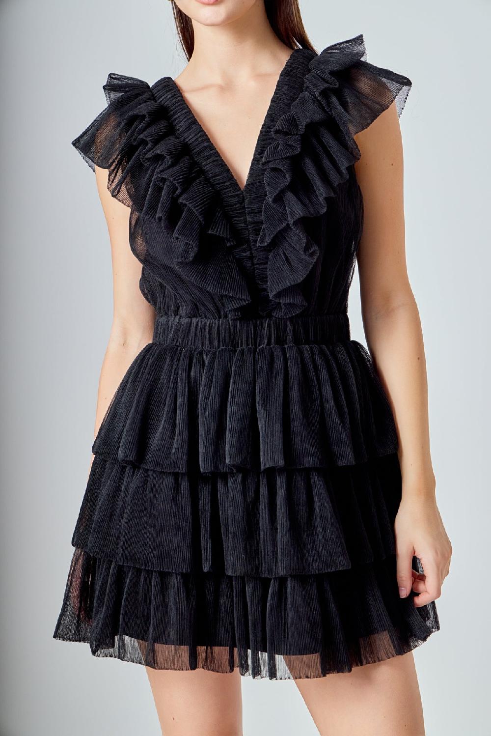 Endless Rose Tulle Ruffle Tiered Mini Dress BLACK
