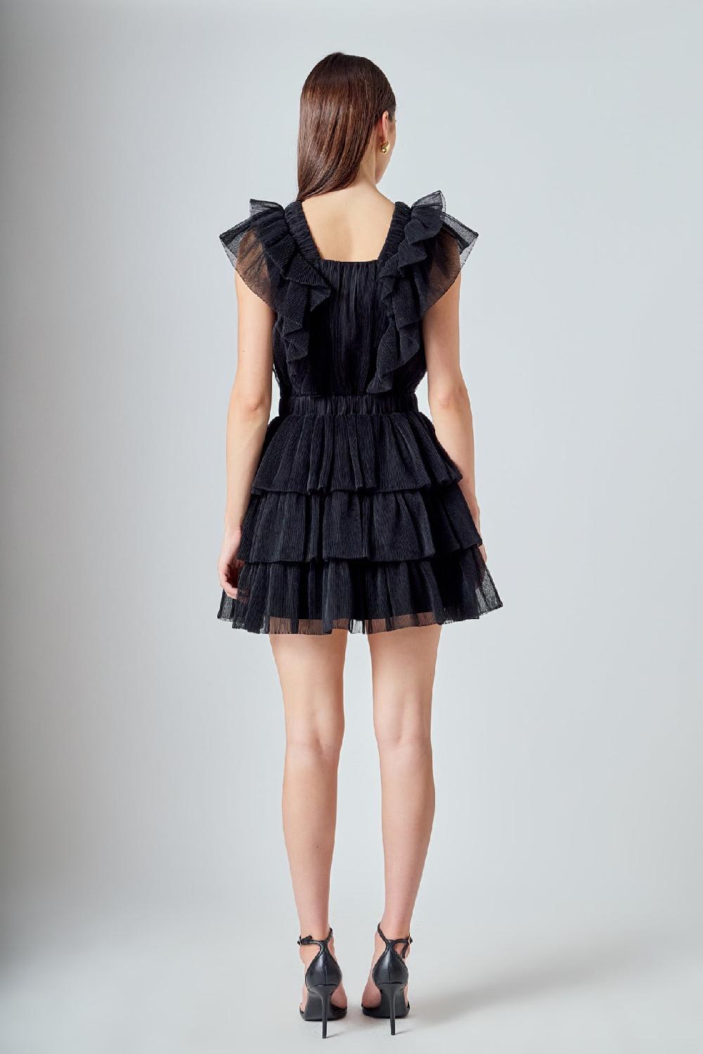 Endless Rose Tulle Ruffle Tiered Mini Dress BLACK