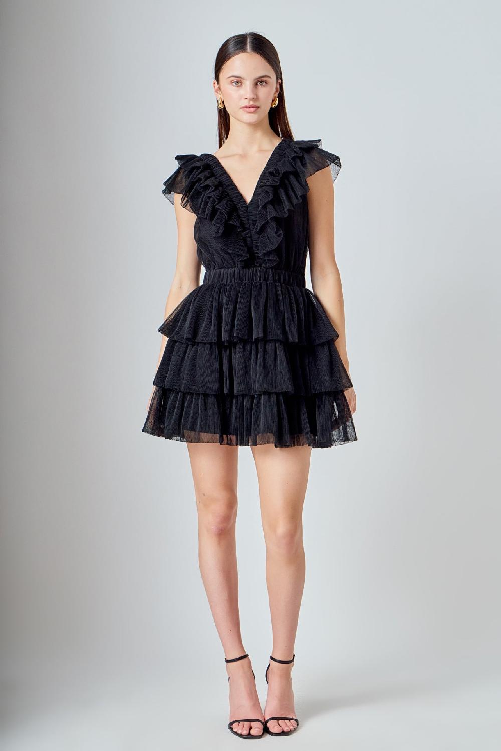endless rose Tulle Ruffle Tiered Mini Dress BLACK