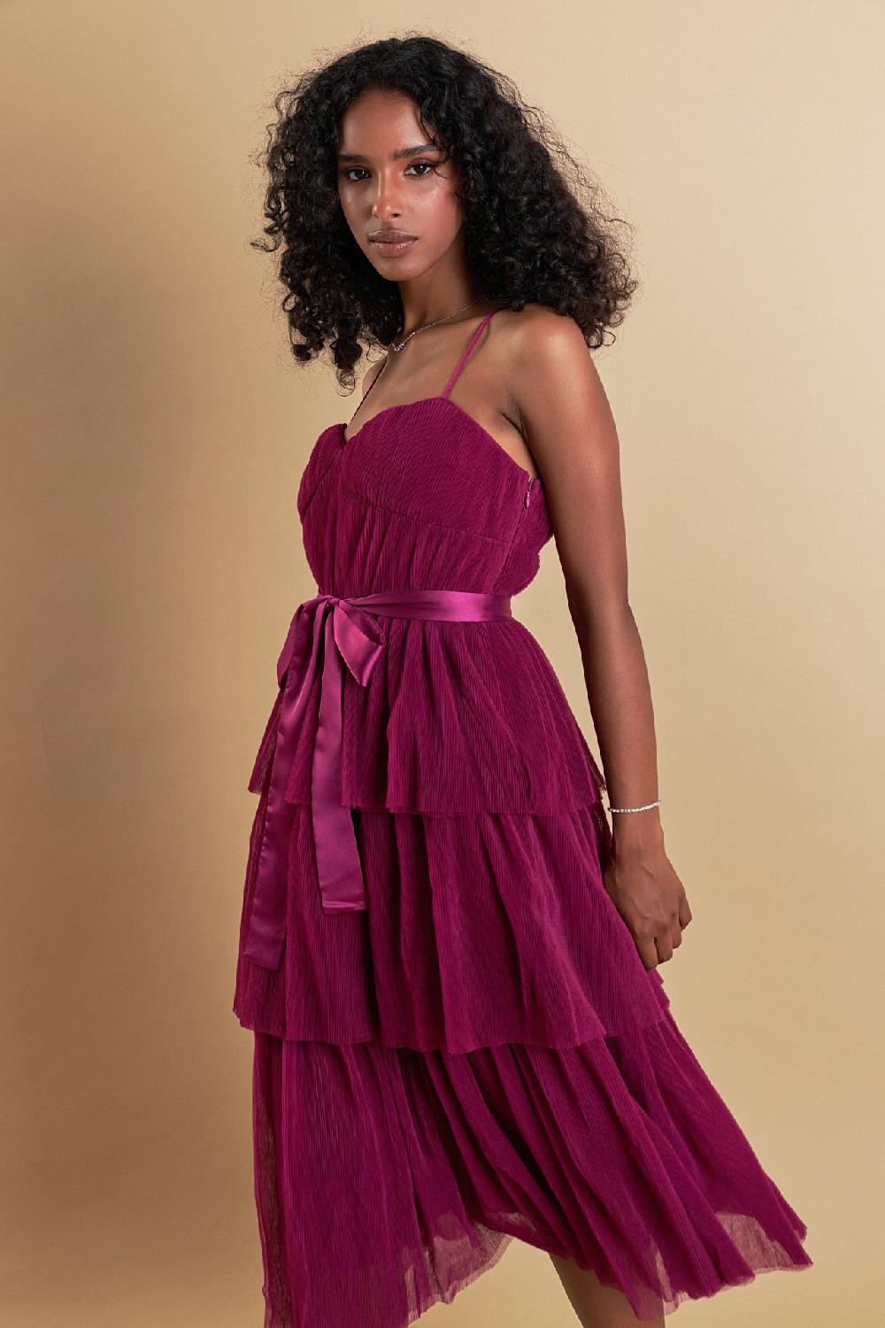 endless rose Tulle Tiered Midi Dress BERRY
