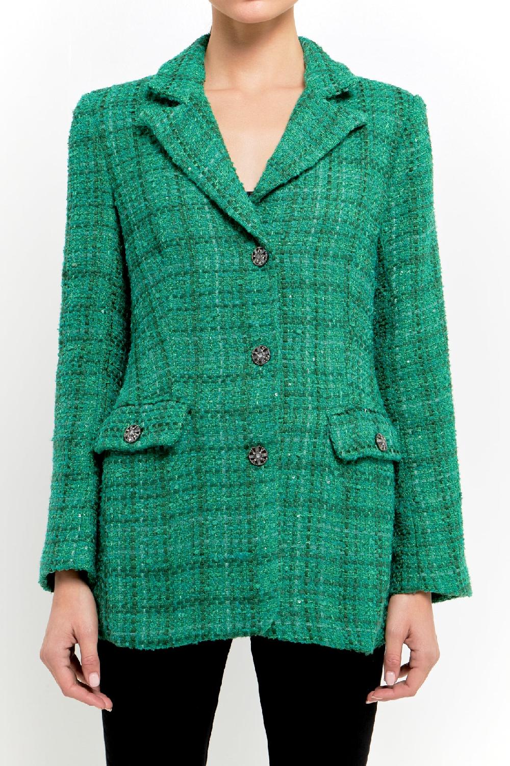 Endless Rose Tweed 3pc Button Long Blazer GREEN