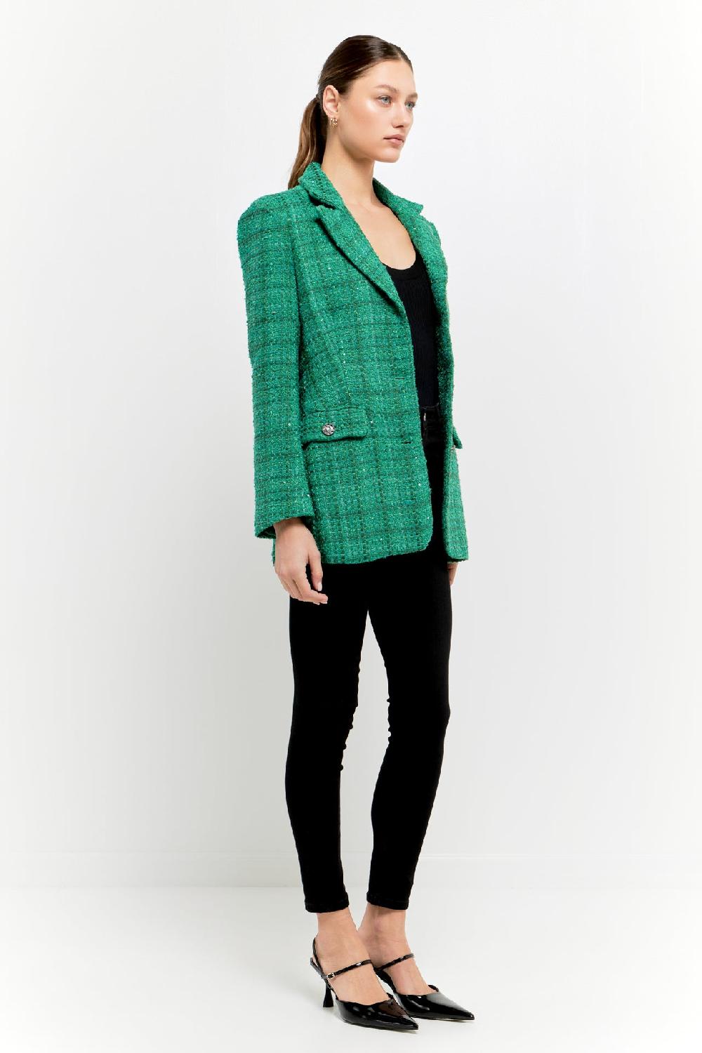 Endless Rose Tweed 3pc Button Long Blazer GREEN