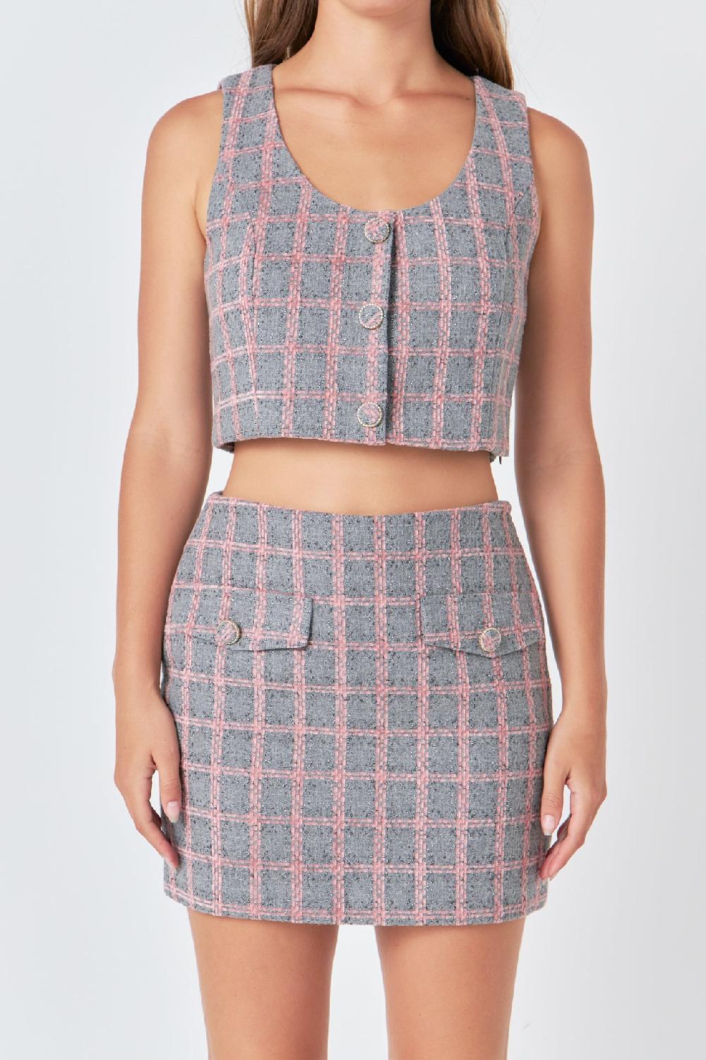 Endless Rose Tweed Button Crop Top GREY