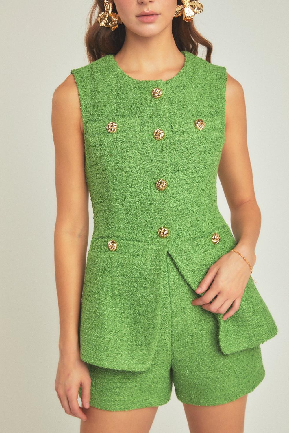 Endless Rose Tweed Buttoned Long Split Top GREEN