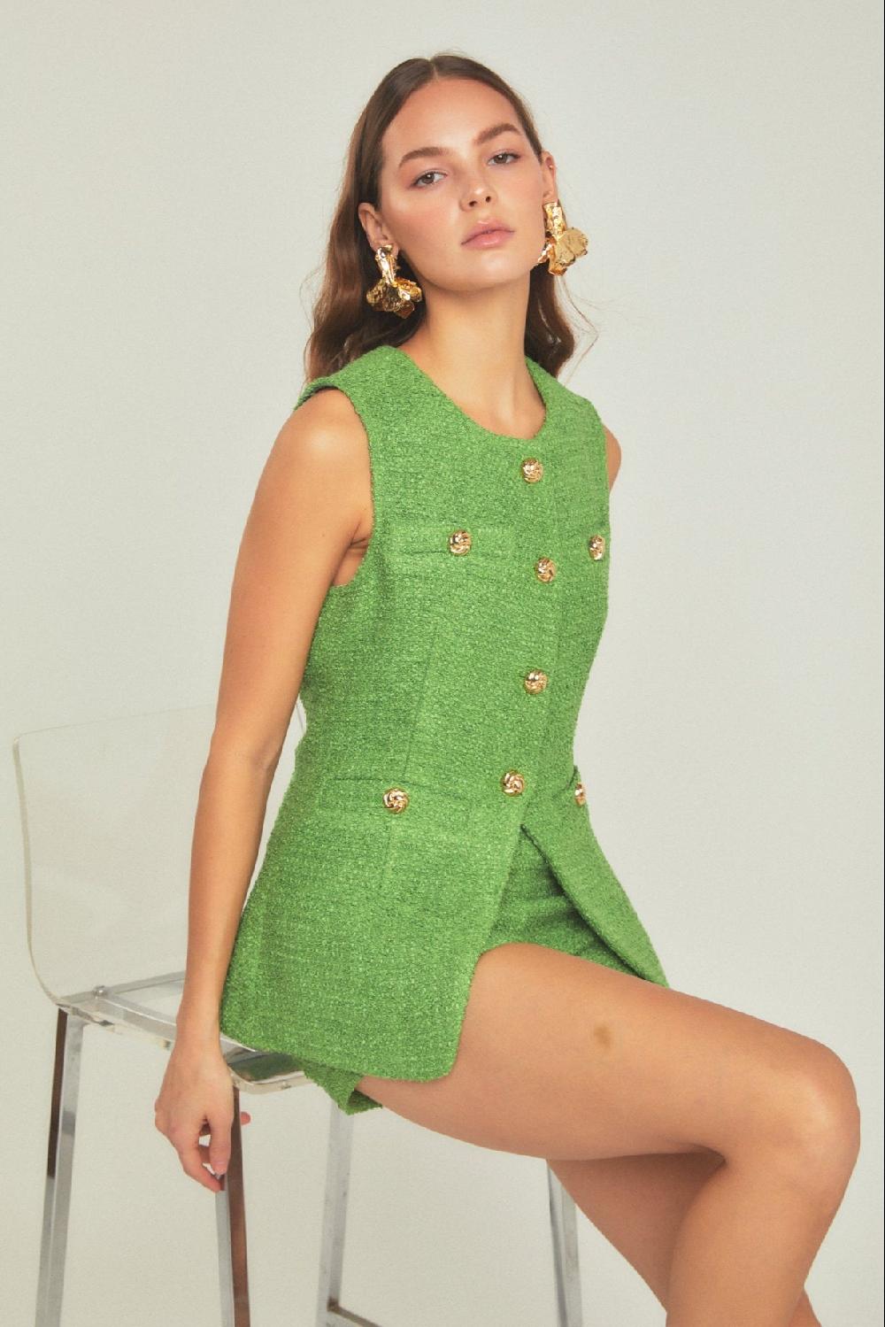 endless rose Tweed Buttoned Long Split Top GREEN