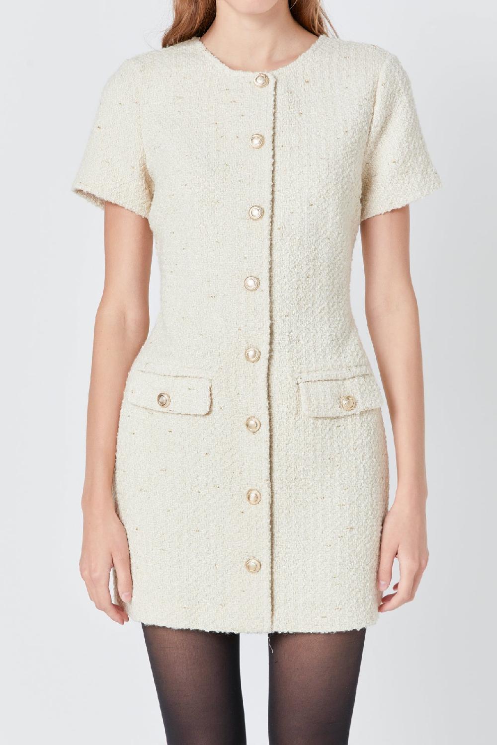Endless Rose Tweed Buttoned Mini Dress IVORY