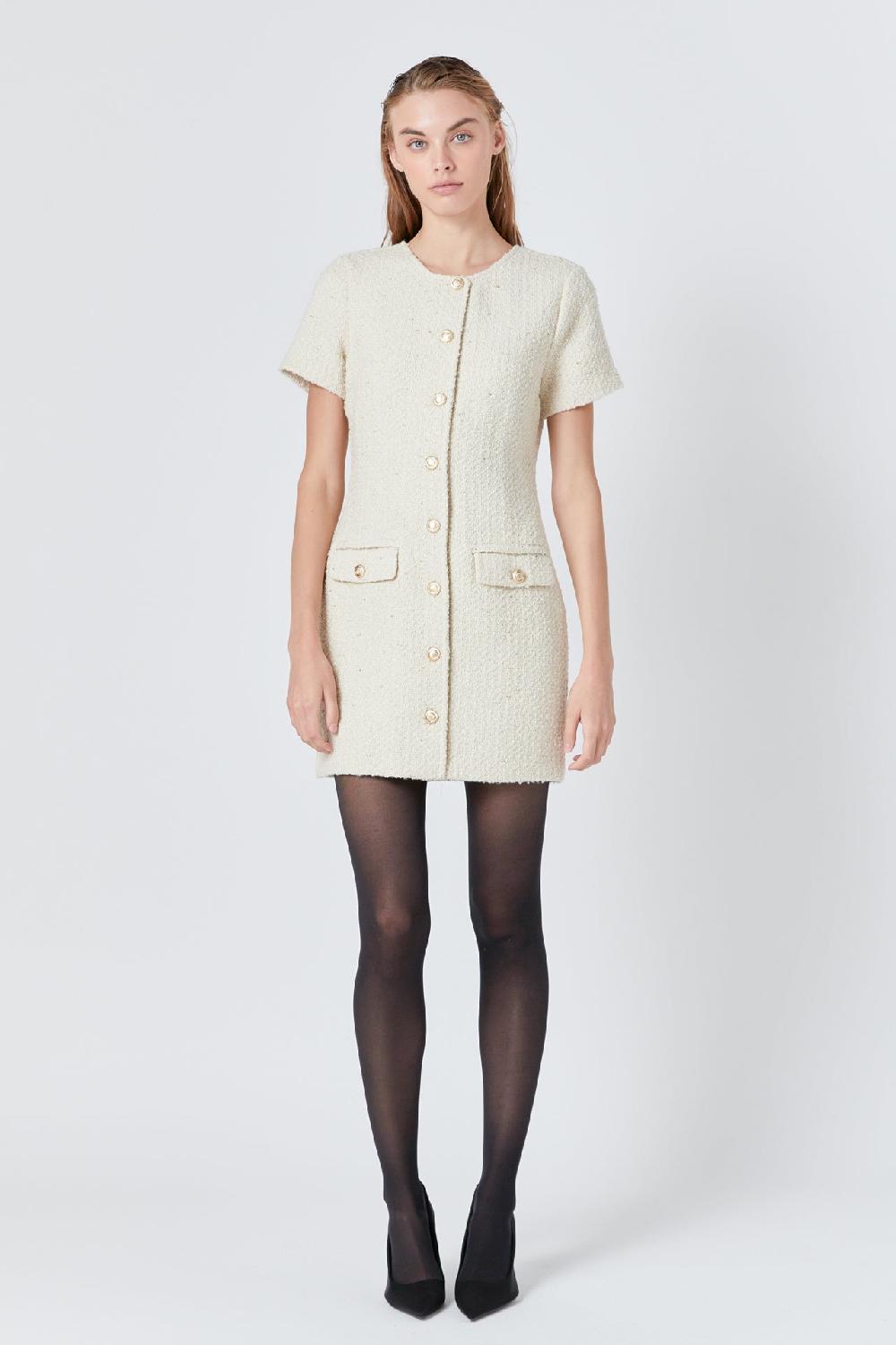 endless rose Tweed Buttoned Mini Dress IVORY