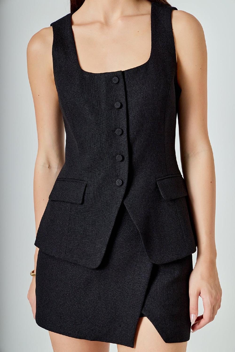 Endless Rose Tweed Buttoned Scoop Neck Vest BLACK