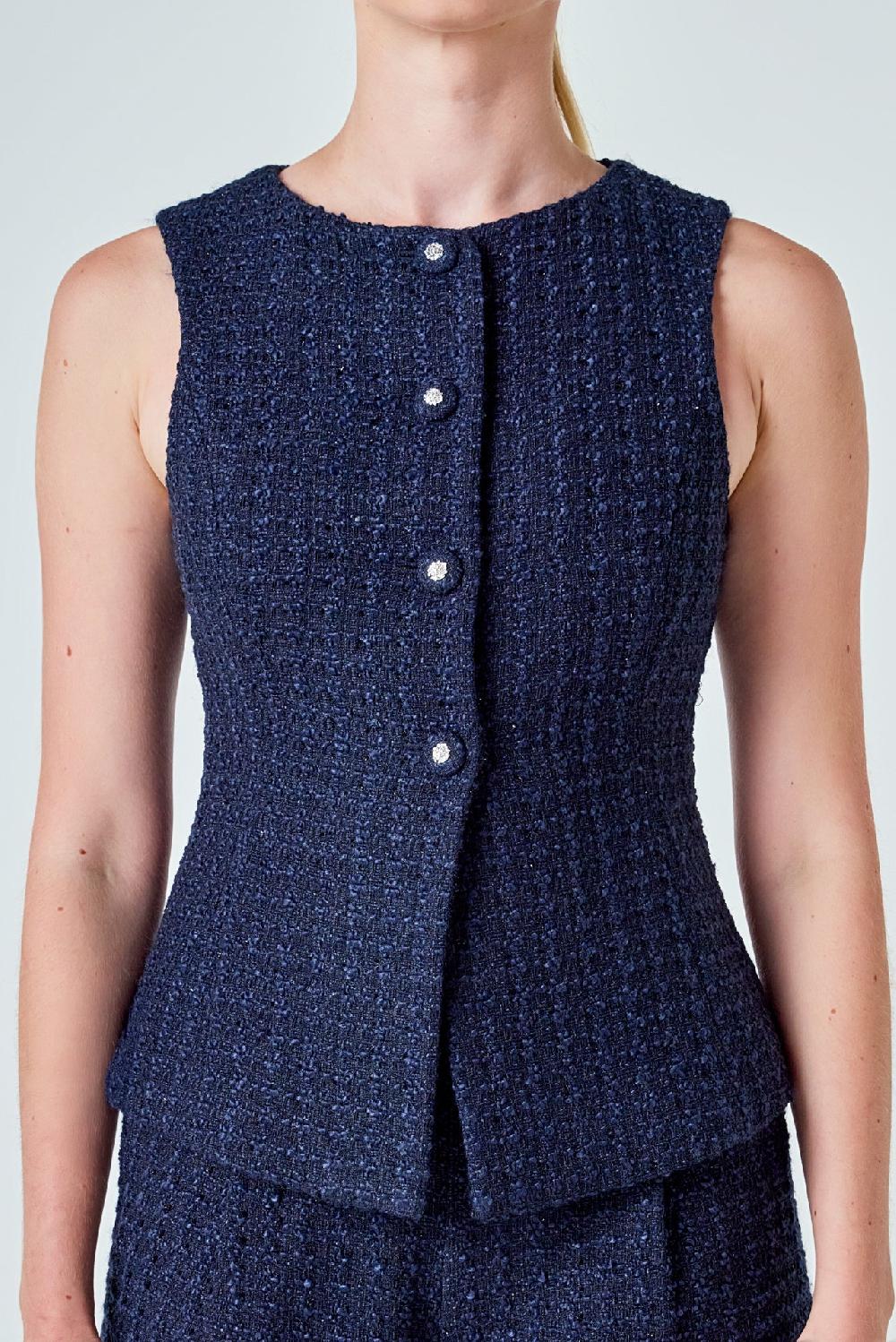 Endless Rose Tweed Buttoned Sleeveless Top NAVY