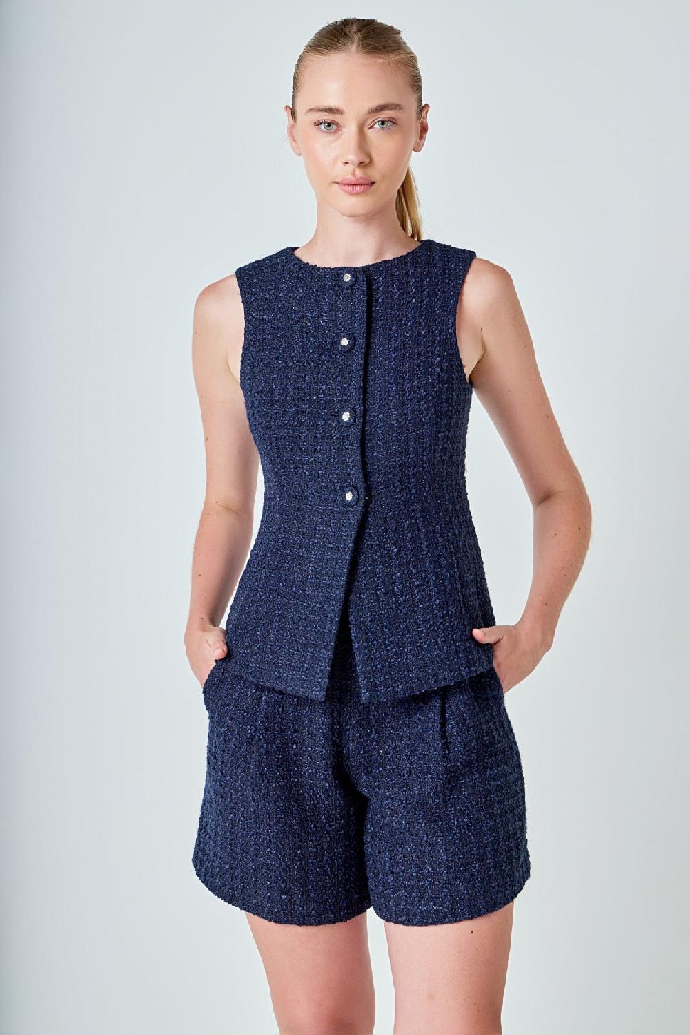endless rose Tweed Buttoned Sleeveless Top NAVY