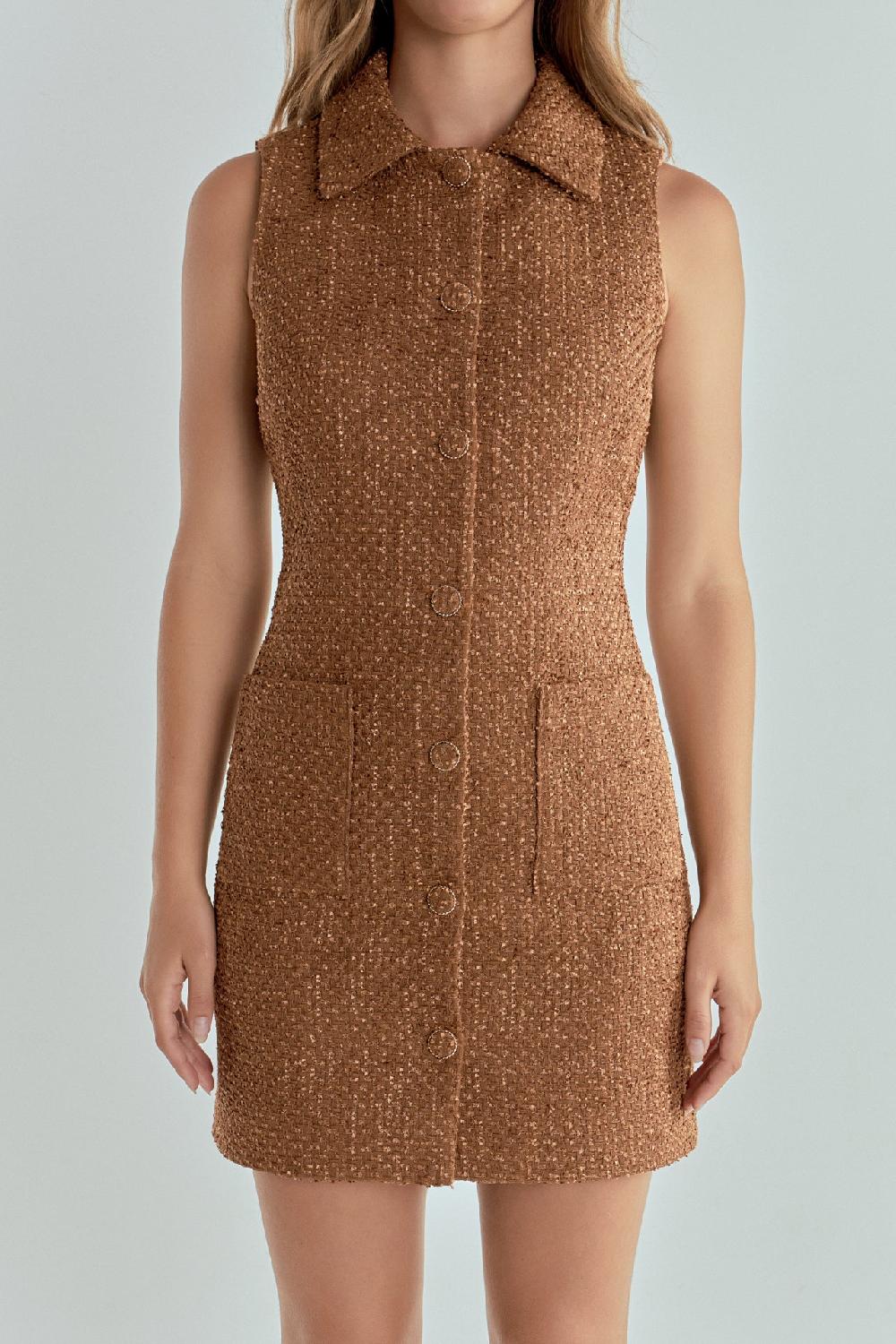 Endless Rose Tweed Collared Mini Dress CAMEL