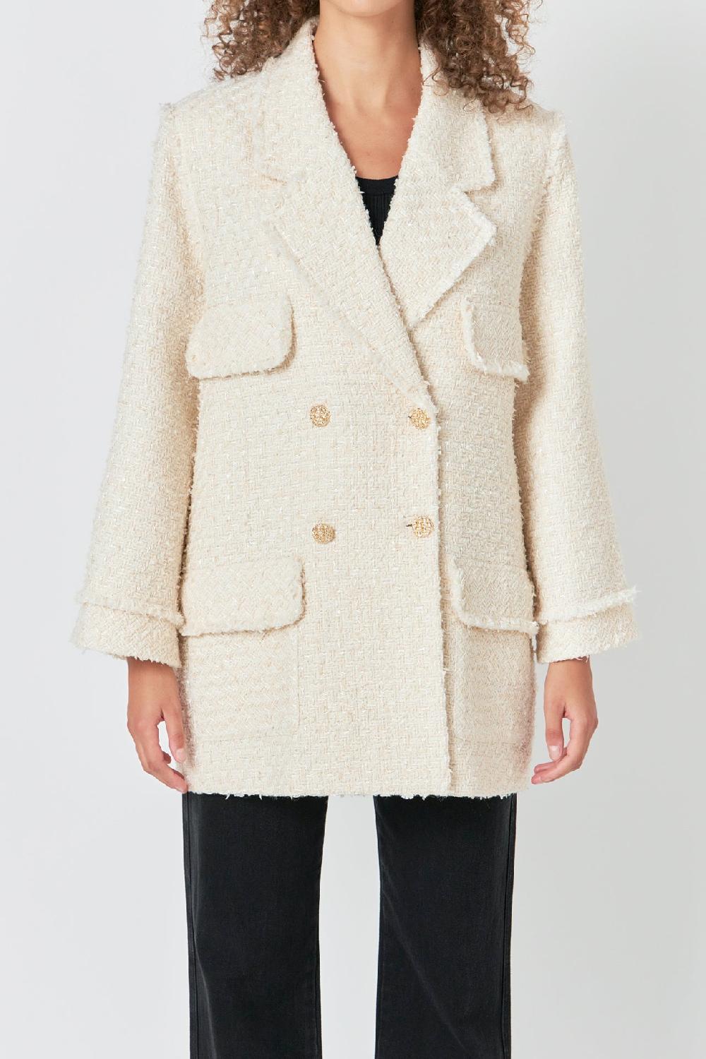 Endless Rose Tweed Fringe Double Breast Coat CREAM