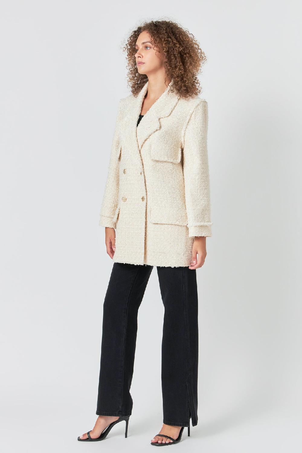 Endless Rose Tweed Fringe Double Breast Coat CREAM