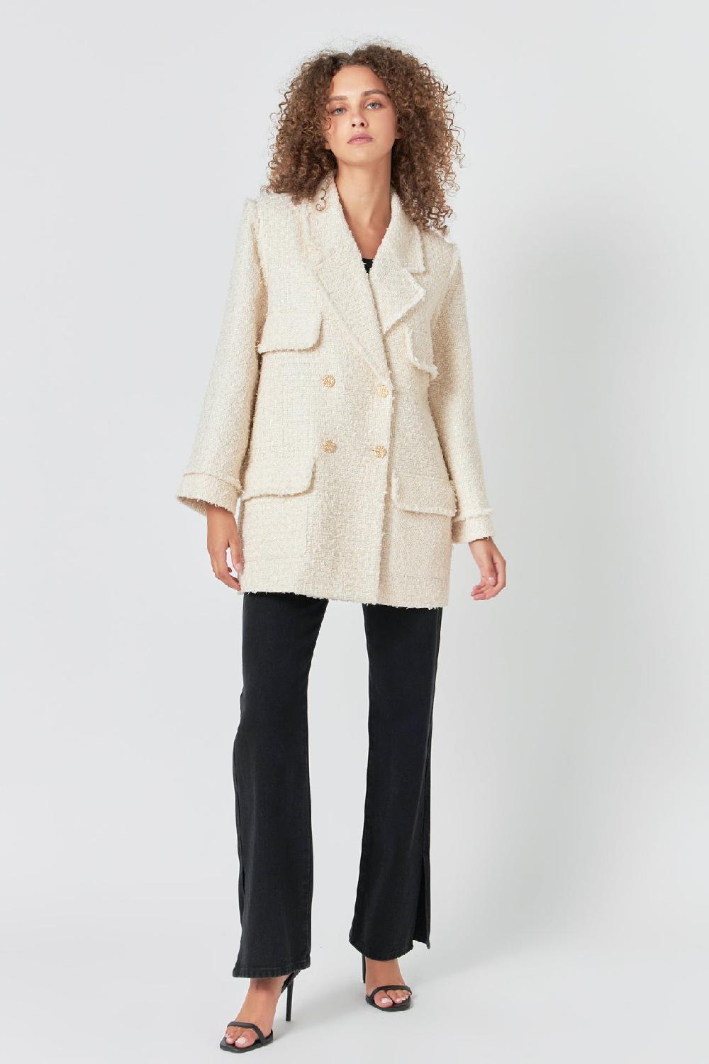 endless rose Tweed Fringe Double Breast Coat CREAM