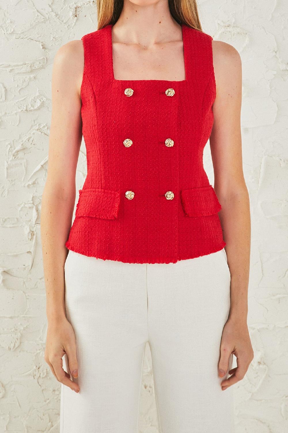 Endless Rose Tweed Fringed Double Button Top RED