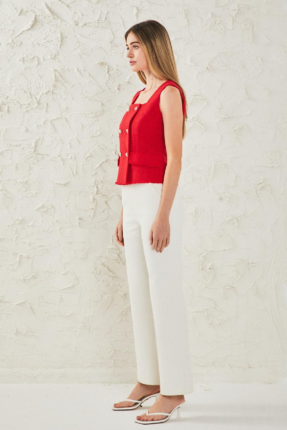 Endless Rose Tweed Fringed Double Button Top RED