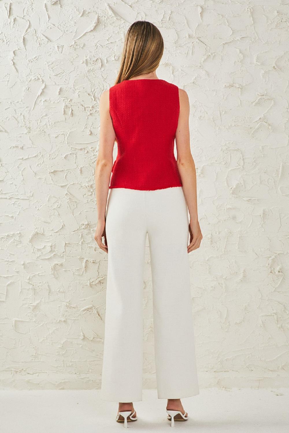 Endless Rose Tweed Fringed Double Button Top RED