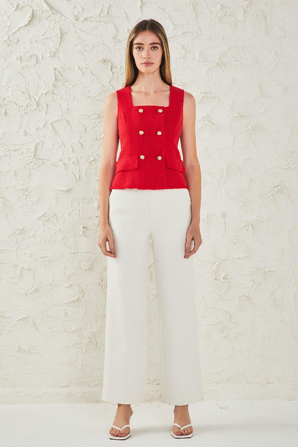 endless rose Tweed Fringed Double Button Top RED