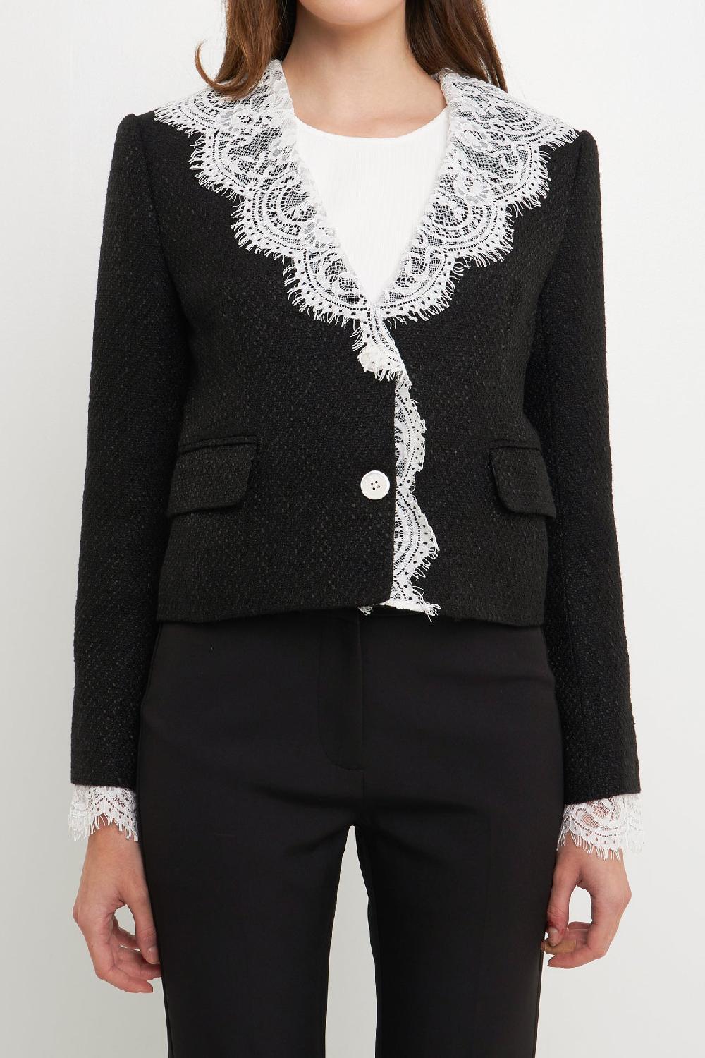 Endless Rose Tweed Jacket With Lace Collar BLACK