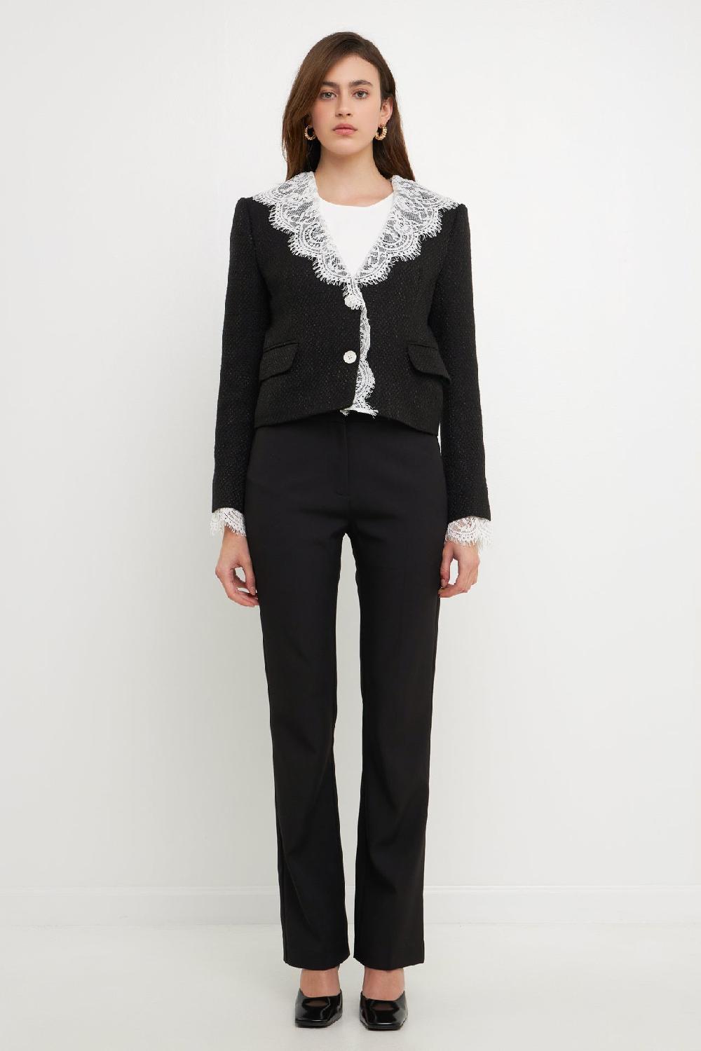 endless rose Tweed Jacket With Lace Collar BLACK