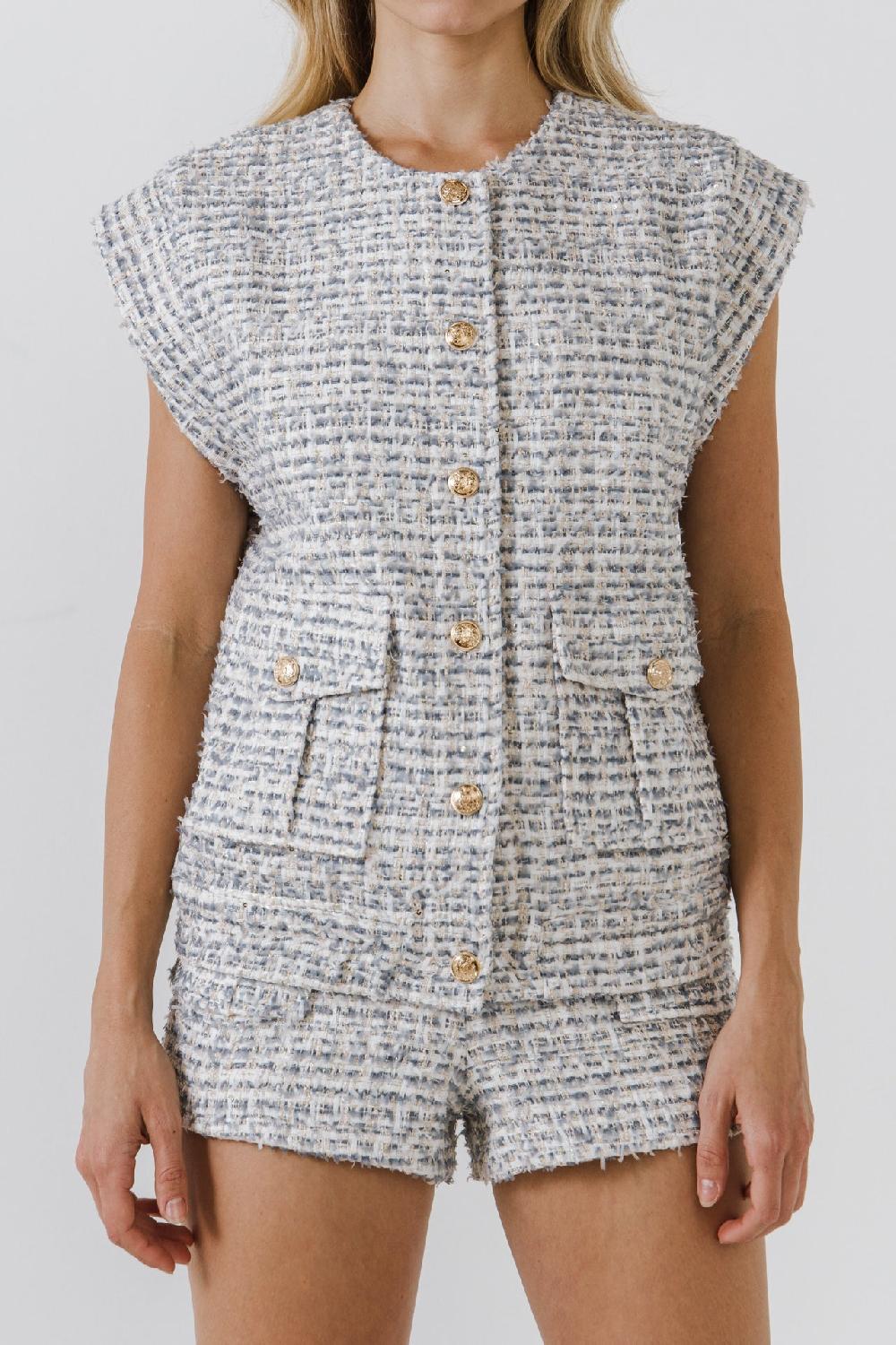 Endless Rose Tweed Oversized Vest BLUE