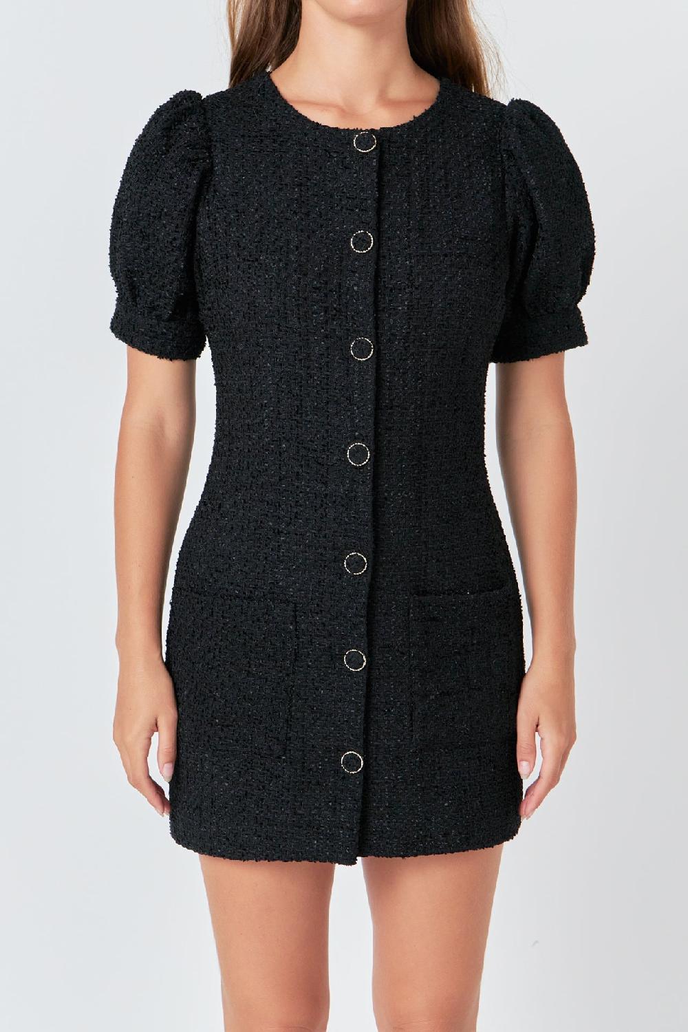 Endless Rose Tweed Puff Sleeve Mini Dress BLACK