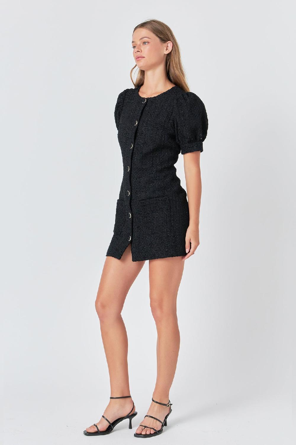 Endless Rose Tweed Puff Sleeve Mini Dress BLACK