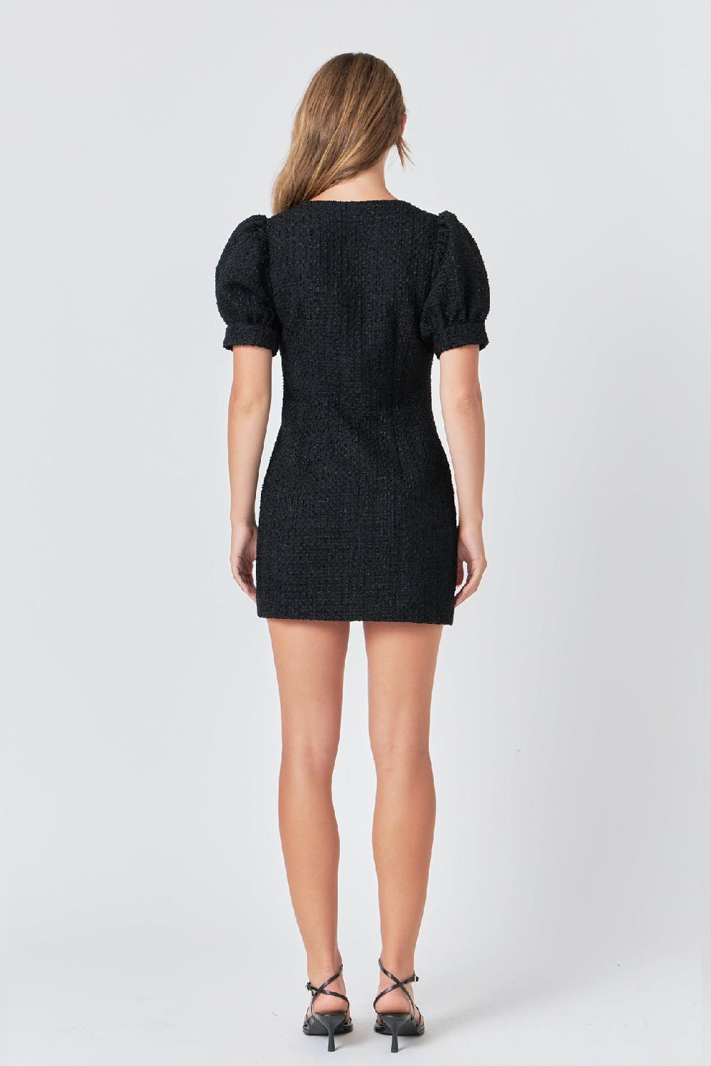 Endless Rose Tweed Puff Sleeve Mini Dress BLACK