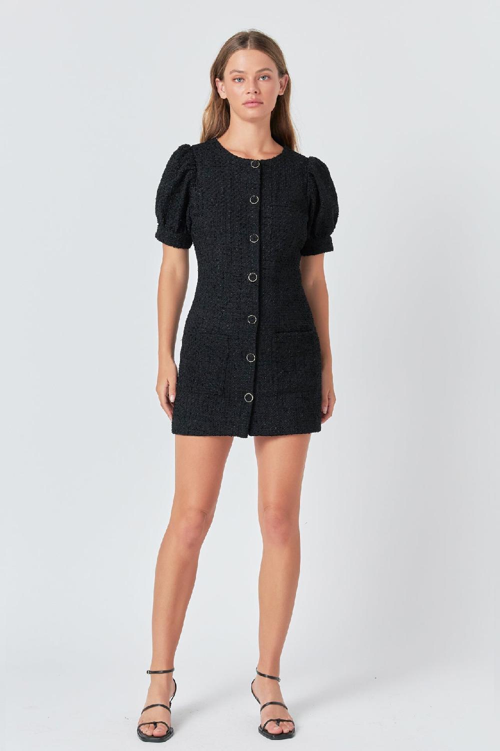 endless rose Tweed Puff Sleeve Mini Dress BLACK