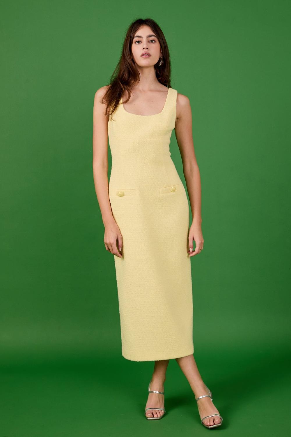 endless rose Tweed Scoop Neck Midi Dress BUTTER