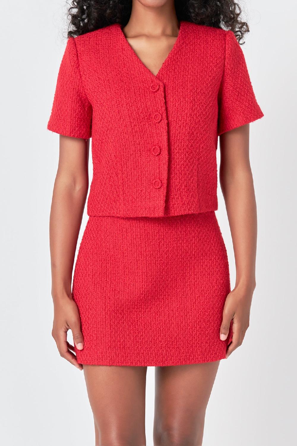 Endless Rose Tweed Short Sleeve Top RED